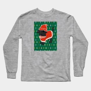 Cute Dog in Winter Christmas Tree Sweater and Red Hat Long Sleeve T-Shirt